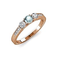 Aquamarine and Diamond Milgrain Work 3 Stone Ring with Side Diamond 0.85 ct tw in 14K Rose Gold