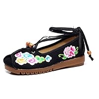Women's Chinese Embroidery Flower Flats Ballet Shoes Sandals Black
