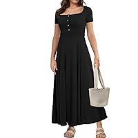 ThusFar Women's Casual Square Neck Swing Maxi Dress Summer Loose Button Long Dresses High Waist Vacation Beach Sundress