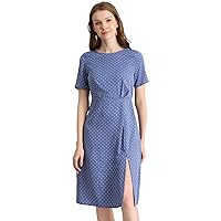 Allegra K Women's Polka Dots Short Sleeve Slit Front Casual Office Midi Dress