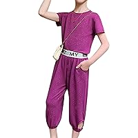 FEESHOW Kids Girls Summer 2Pcs Sequins Outfits O Neck Tops and Elastic Waist Letter Pint Pant Sports Casual Clothes Sets