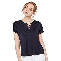 通用 Ladies Short Sleeve T-Shirt Solid Color V-Neck Mulberry Silk Vintage Embroidery Ladies Top