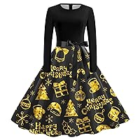 Women's Party Outfits Casual Fashion Long Sleeve Christmas Snowflake Printed Vintage Dresses Outfits, S-2XL