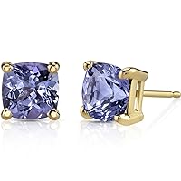 Peora Solid 14K Yellow Gold Tanzanite Stud Earrings for Women, Genuine Gemstone Solitaire, AAA Grade Cushion Cut 6mm, 2 Carats total, Friction Back