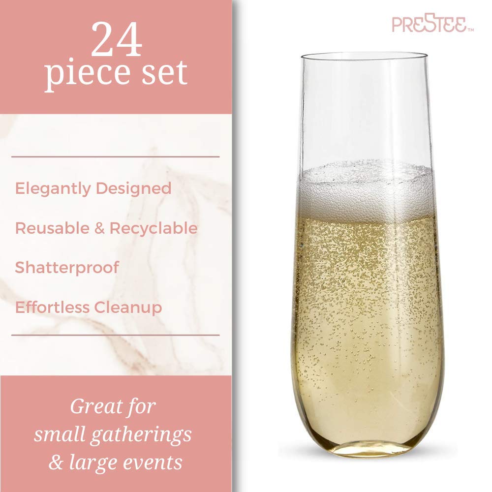 24pk Stemless Plastic Champagne Flutes - 9 Oz | Clear Plastic Wine Glasses | Shatterproof Mimosa Bar Supplies | Disposable Cocktail Glasses | New Years Eve Party Supplies 2023