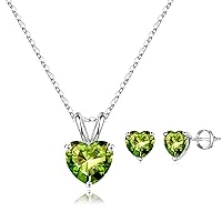 SMILIST S925 Sterling Silver Peridot Heart Birthstone Pendant Earrings Set for Women Girls, Valentines Christmas Thanksgiving Birthday Jewelry Gifts
