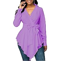 Womens Sexy Deep V Neck Knotted Tiered Chiffon Elegant Swing Skater Dresses Long Baggy Sleeve Ruffle Hem Flowy Blouse