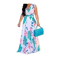 lvenzse Womens Maxi Dress Boho Chiffon Floral Printed Long Party Dresses Plus Size with Belt (FBA)