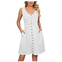 Tank Dresses for Women 2024, Women's Casual Sexy Solid Sleeveless Button Pocket Round Neck Waist, S XXL