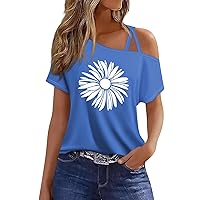 Asymmetrical Tops for Women Summer Short Sleeve Off The Shoulder T Shirts Criss Cross Blouses Sunflower Print Outfits
