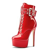 Aachcol Womens Stiletto High Heel Platform Ankle Boots Round Toe Lace-up Zipper Mid Calf Buckle Patent Leather Dress Booties