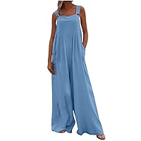 Womens Summer Casual Beach Overalls Long Bib Wide Leg Cute Pleated Baggy Sleeveless Rompers Jumpsuit with Pockets