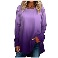 Womens Long Sleeve Tops Gradient Color Round Neck Loose Fit Blouse Fashion Plus Sized Pullover Shirt Mom Gift
