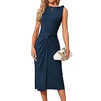 JASAMBAC 2024 Womens Wedding Guest Dress Sleeveless Tank Dress Crew Neck Asymmetrical Hem Cocktail Party Ruched Bodycon Dress