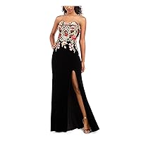 Blondie Nites Womens Embellished Flowers On The Top Sleeveless Strapless Full-Length Evening Fit + Flare Dress