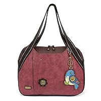 CHALA Handbag Shoulder Purse Tote Bag with Animal Purse Charm (835GY) (Burgundy- Blue Bird)