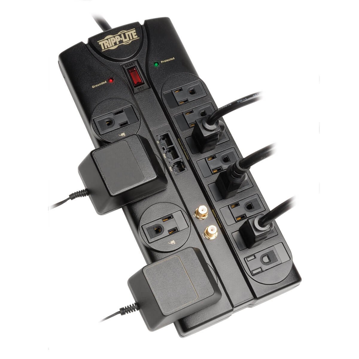 Tripp Lite 12 Outlet Surge Protector Power Strip, 8ft Cord, Right-Angle Plug, Tel/Modem/Coax/Ethernet Protection, RJ11, RJ45, & $250,000 INSURANCE (TLP1208SAT) Black