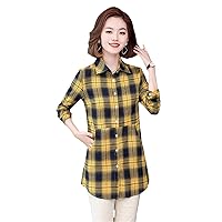 Plaided Cotton Oversized Blouses Women's Spring Autumn Medium Long Loose Turn-Down Collar Long Sleeve