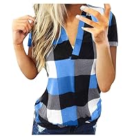 Casual Short Sleeve Plaid Tunic Shirts Plus Size Henley V Neck Pullover Blouse Flowy Tops