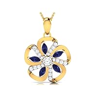 Flower Shape Lab Made Blue Sapphire 925 Sterling Silver Pendant Necklace with Cubic Zirconia Link Chain 18