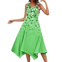 Womans Dresses Vintage Dress for Women 2024 Floral Print Casual Flowy Elegant Slim Fit with Sleeveless Round Neck Swing Dresses Green Small