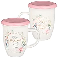 Christian Art Gifts Ceramic Coffee and Tea Mug with Lid, 13 oz Encouraging Scripture for Women: I Know the Plans - Jeremiah 29:11 Inspirational Bible Verse Beverage Cup, Pink Rose Floral