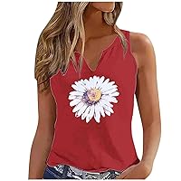Womens V Neck Henley Tank Tops Summer Sleeveless Top Daisy Printed Graphic Tees Basic Casual Tunic Tops