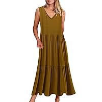 Beach Vacation Dresses,Women's Summer Casual Sleeveless V Neck Solid Color Slim Swing Casual Mid Length Dress C