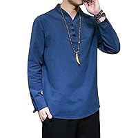 Mens Linen Shirt Casual Breathable Solid Color Long Sleeve Harajuku Blouse Hawaiian Shirt Male T-Shirts