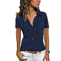 Women's Short Sleeve Button Down Shirts Cotton Casual Beach Blouses with Pockets Lapel Collar V Neck Solid Blouse