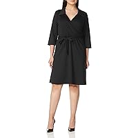 Star Vixen Women's Plus Size 3/4 Sleeve Ponte Stretch Knit Classic Silhouette Faux-wrap Short Dress