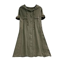 Women Plus Size Loose Casual Pullover Hoodie Dress Drawstring Hooded Dresses Short Sleeve Button Dowm Shirt Dress