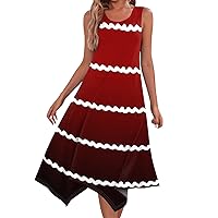 Summer Long Dress Sundresses for Women 2024 Striped Print Casual Fashion Patchwork Slim with Sleeveless Round Neck Swing Dress Red XX-Large