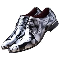 Men Fashion Shoes Dress Pointed Toe Floral Patent Leather Lace Up Oxford Black Brown Red Grey