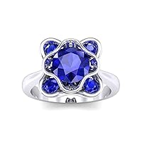 0.66 Cts Round Blue Sapphire Flower Engagement Ring in 14K White Gold Finish 925