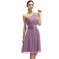 Purple Chiffon One Shoulder Short Bridesmaid Dresses With Flower Detail