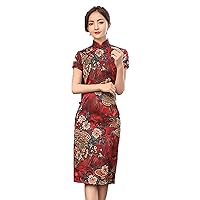 Summer Women Cheongsam Silk and Satin Chinese Style Slim Large Size Qipao Banquet Performance Clothes Short Sleeve