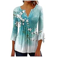 Womens Spring Tops Button-Down Bell-Sleeve Patterns Smocked Deep V Neck Comfort Wide Sleeve Going Out Tops for Women
