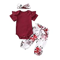Multitrust Newborn Baby Girl Organic Cotton Ruffled Long Sleeve Bodysuit Tops + Floral Harem Pants Baby Clothes Set