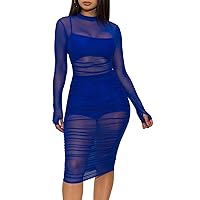 Women 3 Piece Outfits Sexy Crop Top Short Set Mesh See-Through Ruched Bodycon Midi Dress Clubwear