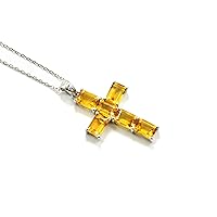 Natural Citrine 7X5 MM Octagon Gemstone 925 Sterling Silver Holy Cross Pendant Necklace November Birthstone Wedding Jewelry Bridal Gift (PD-8436)