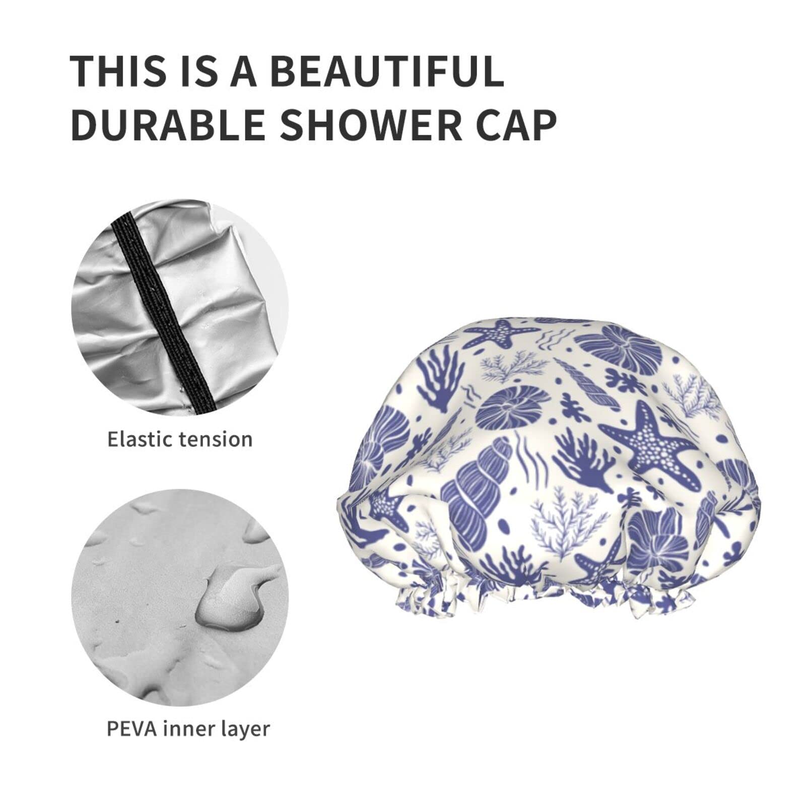Seashore Elements Reusable Double Waterproof Shower Cap & Bath Cap,Lined,Oversized Waterproof Shower Caps Large Designed for All Hair Lengths with PEVA Lining & Elastic Band Stretch Hem Hair Hat For Women
