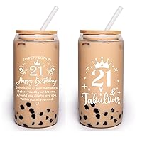 21st Birthday Gifts for Her, Happy 21st Birthday Decorations for Her, Funny 21 Year Old Birthday Gift Ideas for Her, Friends, Sister, Daughter - 16 Oz Can Shaped Glass Cups with Lids and Straws
