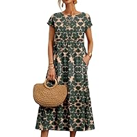 Women's Summer Cotton-Linen Floral Print Short-Sleeved Dress - Round Neck Loose Casual Beach Dress with Pockets