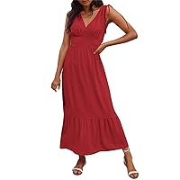 Women Summer Vacation Dresses Spaghetti Strap Pleated Midi Dress Casual Sexy V Neck Wrap Dress Classy Cami Sun Dress