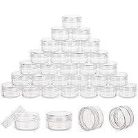 50 Count 5 Gram Sample Containers, Clear Lip Balm Containers with Lids, Small Plastic Sample Jars with 4 Mini Spoons, 50pcs Labels (Clear Lid)