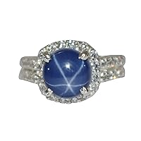 GEMHUB Round Shape 4.5 Ct Halo Style Double Band Natural Blue Star Sapphire 925 Silver Engagement Ring for Anniversary