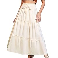 Cotton Linen Midi Skirt for Women Drawstring A-Line Skirts Ruched Solid Color Summer Long Skirt Plus Size Swing Skirt