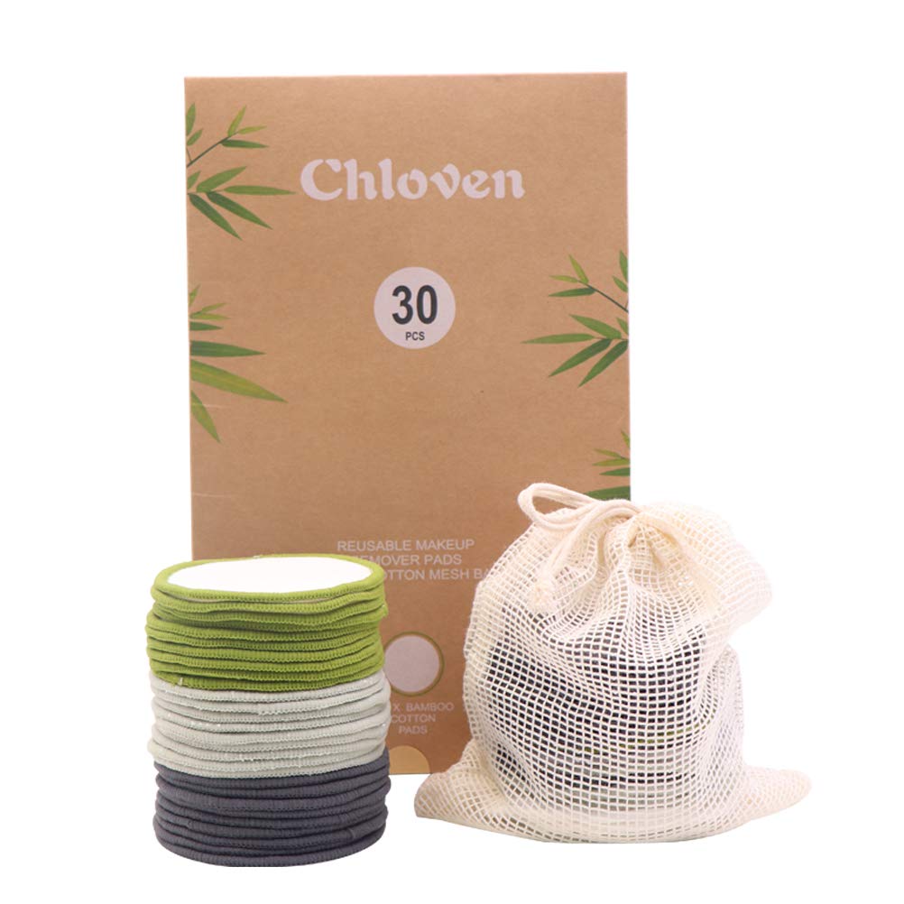 Chloven 30 Pack Reusable Makeup Remover Pads - Bamboo Reusable Cotton Rounds for Toner, Washable Eco-Friendly Pads for All Skin Types with Cotton Laundry Bag
