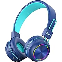 iClever Kids Bluetooth Headphones LED Light Up with Safe Volume, 25H Playtime, Stereo Sound Mic, Bluetooth 5.0, Foldable, On Ear Kids Wireless Headphones for Tablet/Airplane/Travel, BTH03 Blue